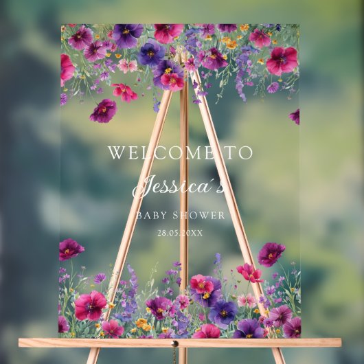 Wildflower, Paarse-Roze-Flower Baby shower Acryl Bord (Neutraal)