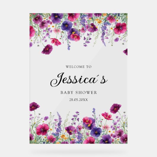 Wildflower, Paarse-Roze-Flower Baby shower Acryl Bord (Voorkant)