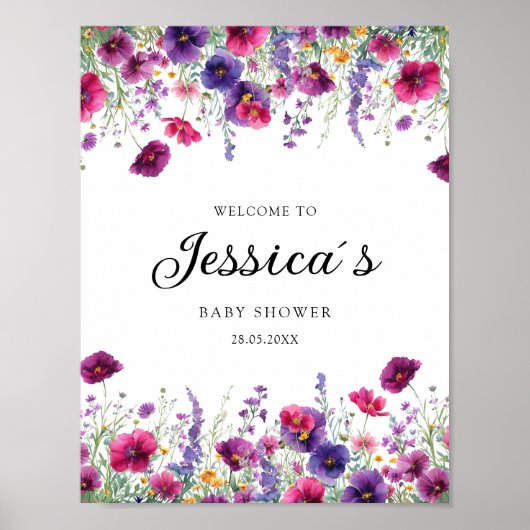 Wildflower, Paarse-Roze-Flower Baby shower Poster (Voorkant)