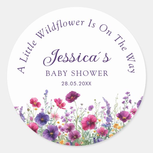 Wildflower, Paarse-Roze-Flower Baby shower Ronde Sticker (Voorkant)