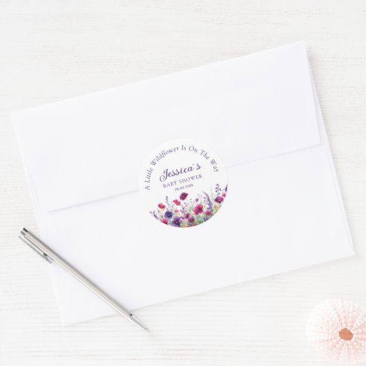 Wildflower, Paarse-Roze-Flower Baby shower Ronde Sticker (Envelop)