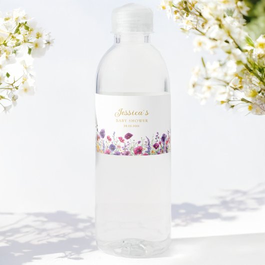 Wildflower, Paarse-Roze-Flower Baby shower Waterfles Etiket