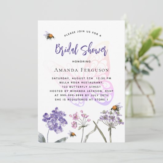 Wildflower paarse roze vlinder vrijgezellenfeest kaart (Staand voorkant)