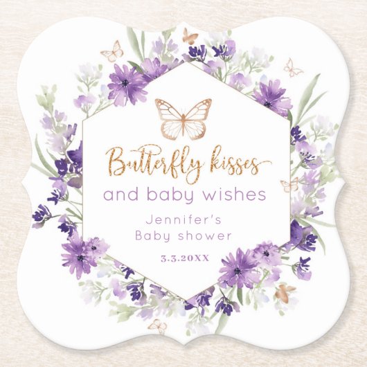 Wildflower paarse vlinder kussen baby shower kartonnen onderzetters (Voorkant)