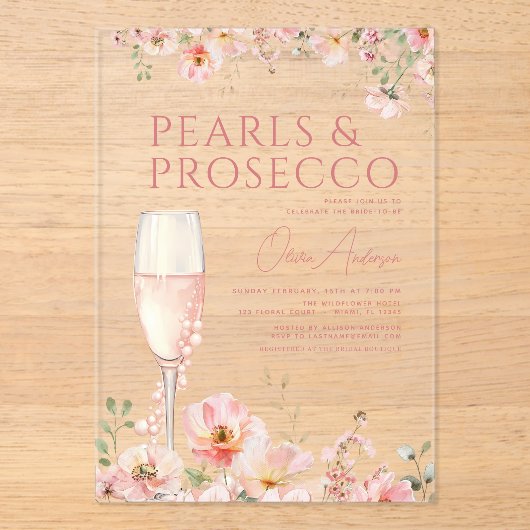 Wildflower Parels & Prosecco Blush Vrijgezellenfee Acryl Uitnodigingen (Voorkant)