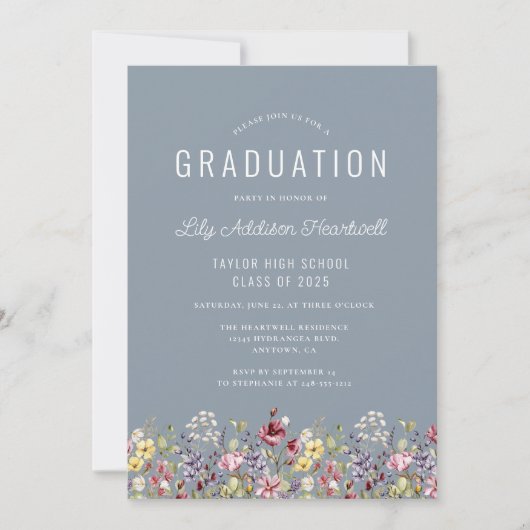 Wildflower Pattern Dusty Blue Graduation Party Kaart (Voorkant)