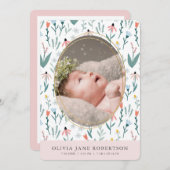 Wildflower Pattern Meisje Foto Geboorte Aankondigi Kaart (Voorkant / Achterkant)
