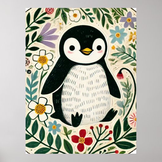 Wildflower Penguin Lovers Illustration Poster (Voorkant)