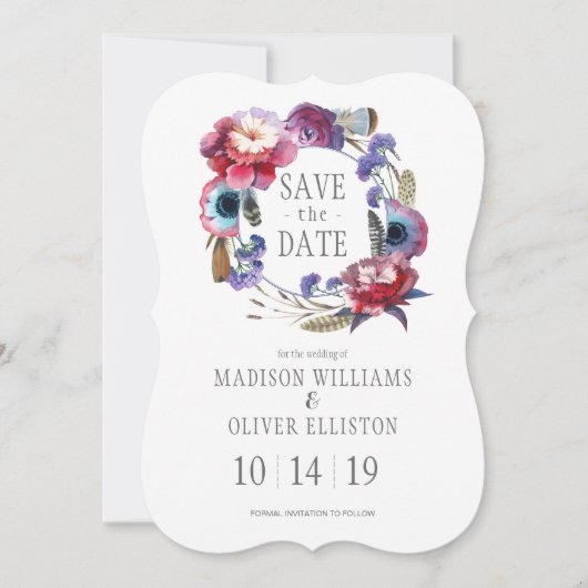 Wildflower Peony Floral Feathers | Datum opslaan Save The Date (Voorkant)