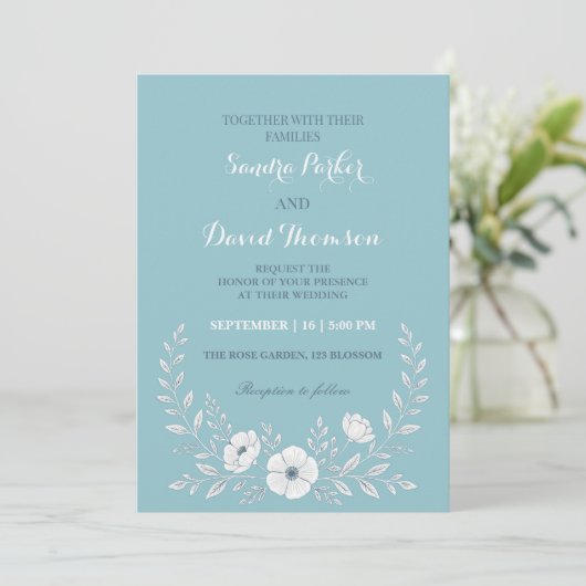 Wildflower Periwinkle Blue Elegante Boho bruiloft Kaart (Staand voorkant)