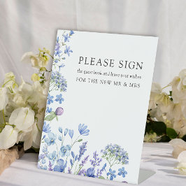 Wildflower Periwinkle Floral Wedding Gastenboek Reclamebord Met Voetstuk