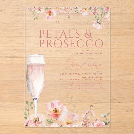 Wildflower Petals & Prosecco Blush Vrijgezellenfee Acryl Uitnodigingen (Voorkant)