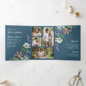 Wildflower Photo All in One Dusty Blue Wedding Drieluik Uitnodiging (Binnen)