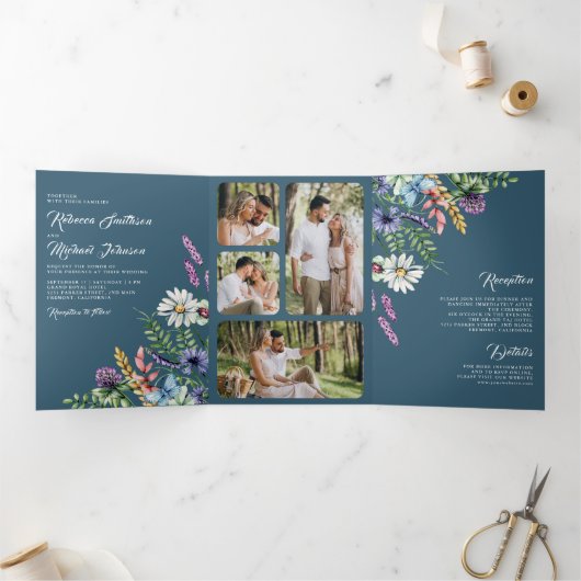 Wildflower Photo All in One Dusty Blue Wedding Drieluik Uitnodiging (Binnen)