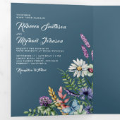 Wildflower Photo All in One Dusty Blue Wedding Drieluik Uitnodiging (Binnenzijde eerst)