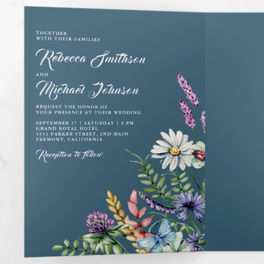 Wildflower Photo All in One Dusty Blue Wedding Drieluik Uitnodiging (Binnenzijde eerst)