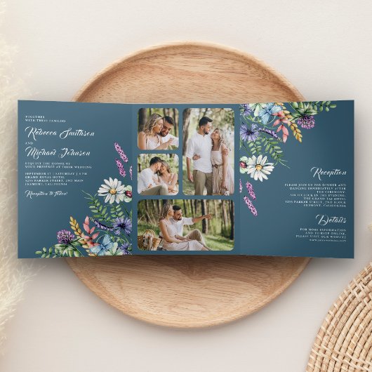 Wildflower Photo All in One Dusty Blue Wedding Drieluik Uitnodiging