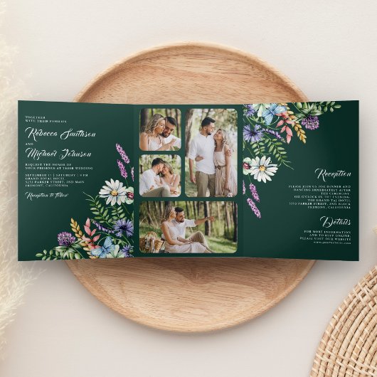 Wildflower Photo All in One Emerald Green Wedding Drieluik Uitnodiging