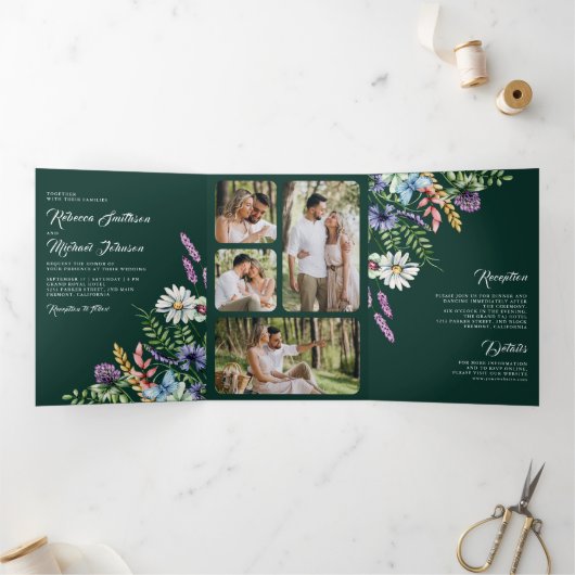 Wildflower Photo All in One Emerald Green Wedding Drieluik Uitnodiging (Binnen)