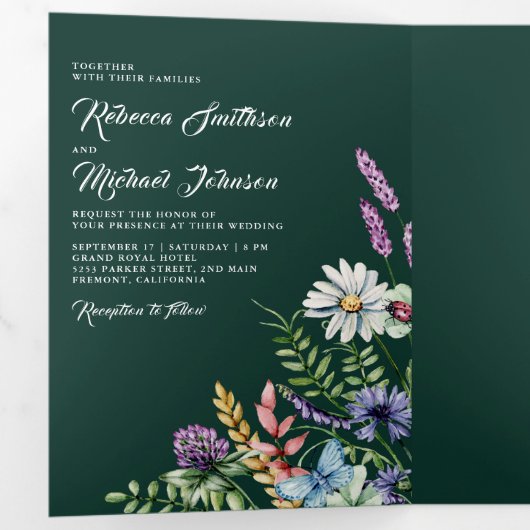 Wildflower Photo All in One Emerald Green Wedding Drieluik Uitnodiging (Binnenzijde eerst)
