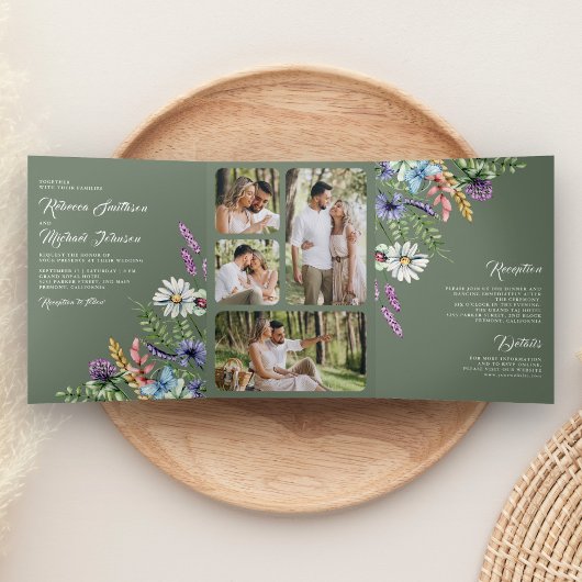 Wildflower Photo All in One Sage Green Wedding Drieluik Uitnodiging
