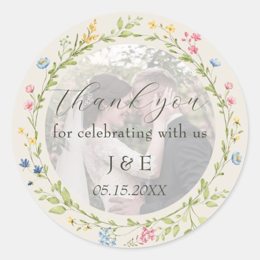 Wildflower Photo Wedding Thank You Ronde Sticker (Voorkant)
