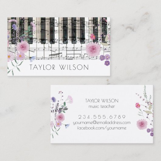 Wildflower pianist muziekleraar visitekaartje (Voorkant / Achterkant)