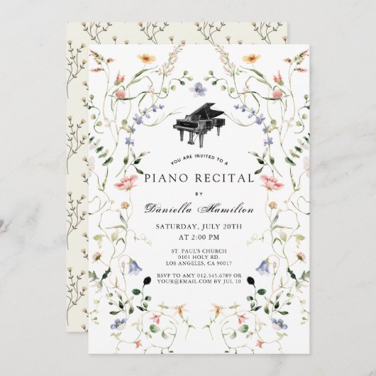 Wildflower Piano White Recital Invitation Kaart (Voorkant / Achterkant)