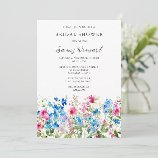 Wildflower Pink and Blue Floral Bridal Shower Kaart (Staand voorkant)