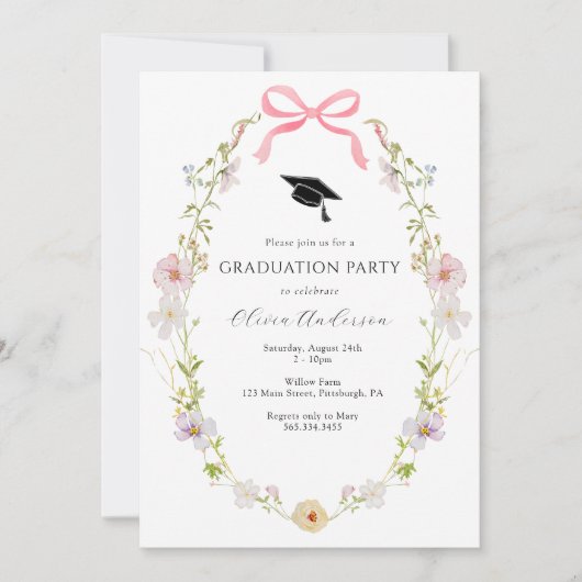Wildflower Pink Bow Afstuderen Fotofeest Kaart (Voorkant)