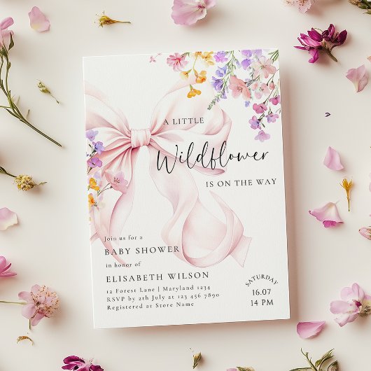 Wildflower Pink Bow Baby shower Uitnodiging