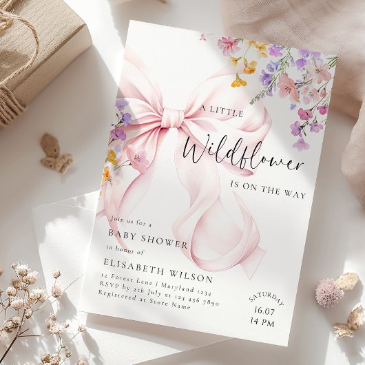 Wildflower Pink Bow Baby shower Uitnodiging