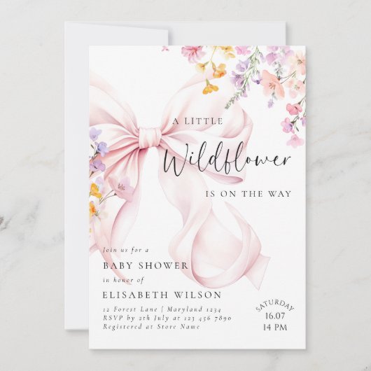 Wildflower Pink Bow Baby shower Uitnodiging (Voorkant)