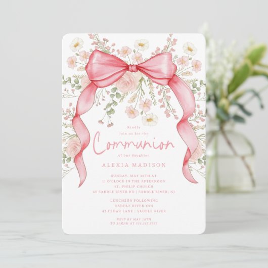 Wildflower Pink Bow Communie Uitnodiging (Staand voorkant)