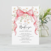 Wildflower Pink Bow doop uitnodiging (Staand voorkant)