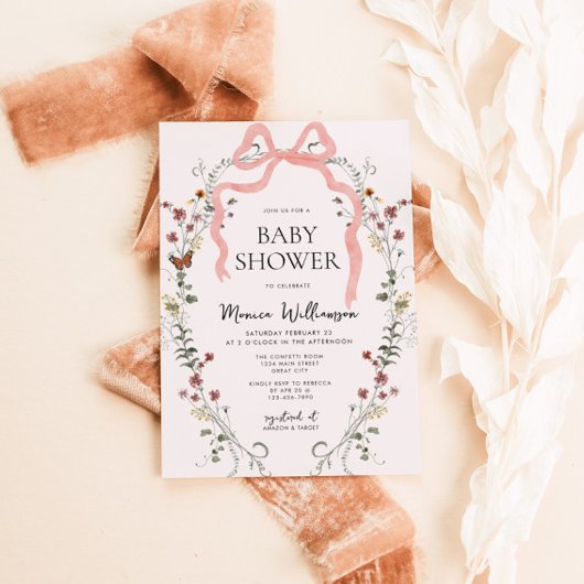 Wildflower Pink Bow Girl Baby shower Kaart