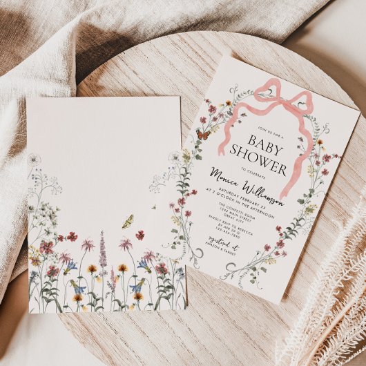 Wildflower Pink Bow Girl Baby shower Kaart