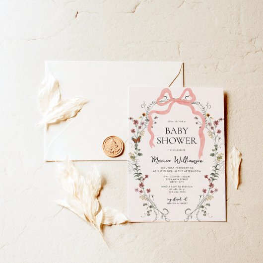 Wildflower Pink Bow Girl Baby shower Kaart