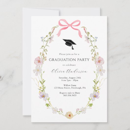 Wildflower Pink Bow Graduation Party Uitnodiging (Voorkant)