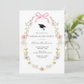 Wildflower Pink Bow Graduation Party Uitnodiging (Staand voorkant)
