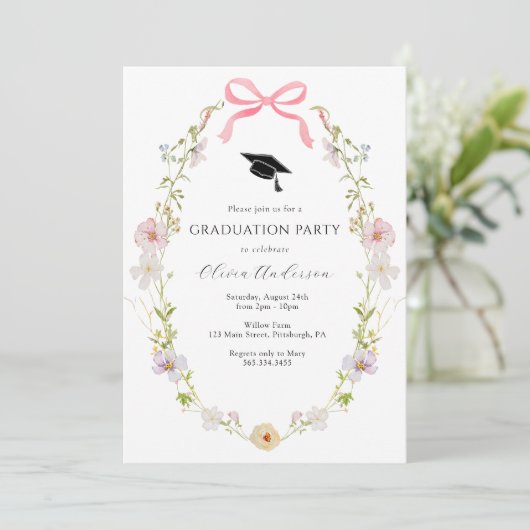 Wildflower Pink Bow Graduation Party Uitnodiging (Staand voorkant)