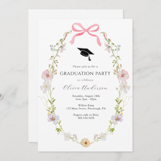 Wildflower Pink Bow Graduation Party Uitnodiging (Voorkant / Achterkant)