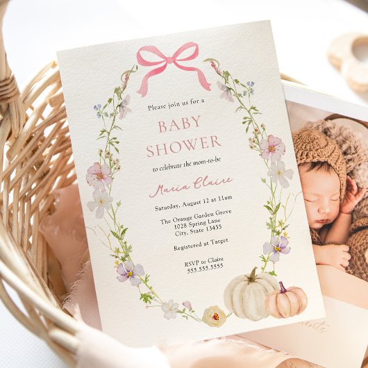 Wildflower Pink Bow Pumpkin Baby shower Kaart