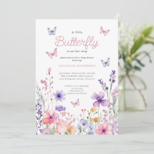 Wildflower Pink Butterfly Floral Baby shower Kaart