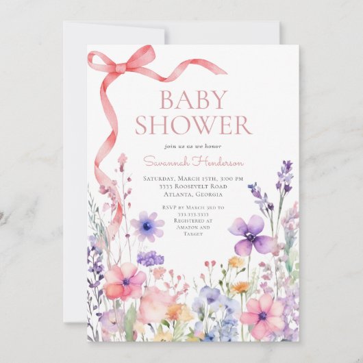Wildflower Pink Ribbon Baby shower Kaart (Voorkant)
