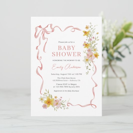 Wildflower Pink Ribbon Coquette Bow Baby shower Kaart (Staand voorkant)