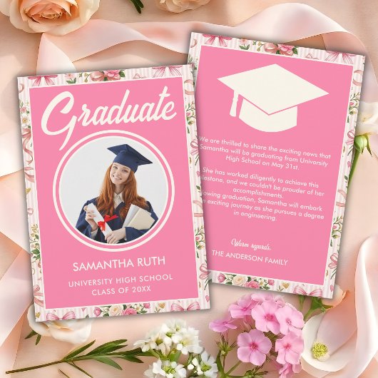 Wildflower Pink Striped Bows & Ribbons Graduation Aankondiging