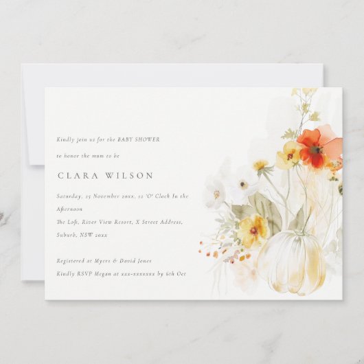 Wildflower Pompoen Waterverf Baby shower Kaart (Voorkant)