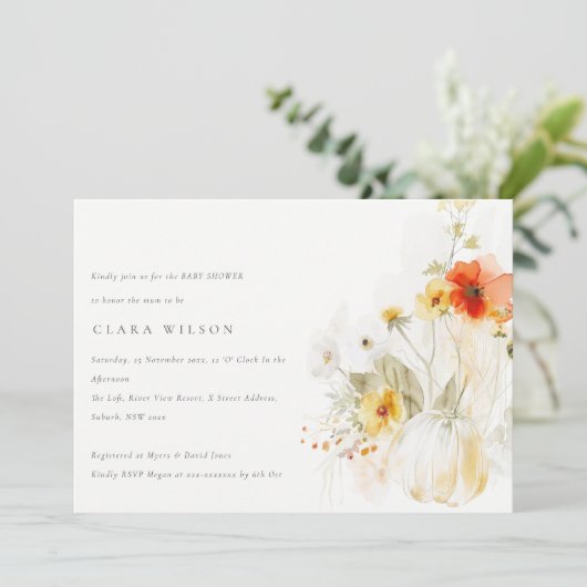 Wildflower Pompoen Waterverf Baby shower Kaart (Staand voorkant)