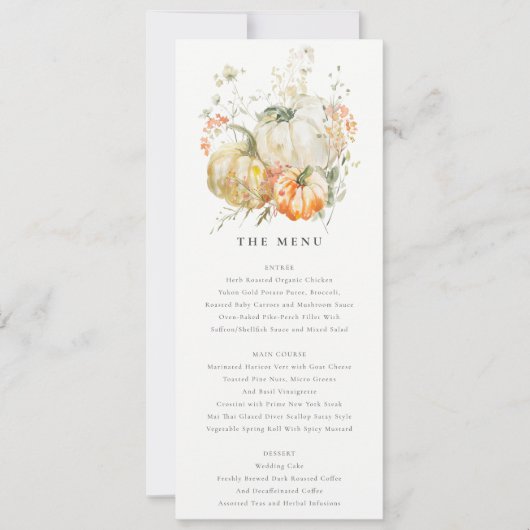Wildflower Pompoen Waterverf Wedding Menu Kaart (Voorkant)